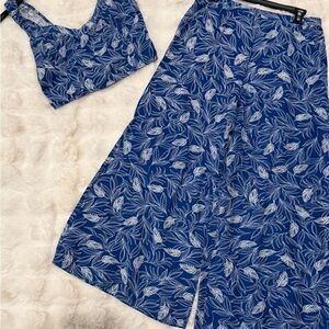 Midnight Sky Blue Leaf Print Wide Leg Pants